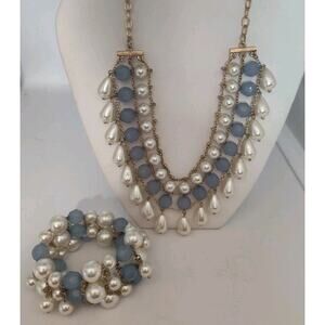 Susan Graver Simulated Pearl Light Blue Bead Gold Tone Necklace, Bracelet ER Set
